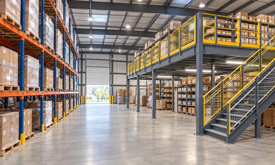 AI-generated concept illustration of pallet racking beside an independently supported grey mezzanine with yellow guards