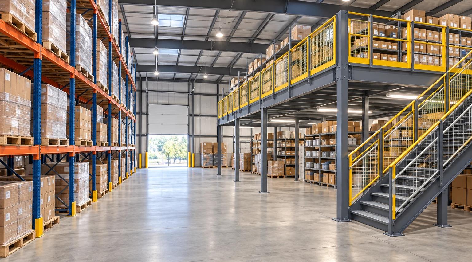 AI-generated concept illustration of pallet racking beside an independently supported grey mezzanine with yellow guards