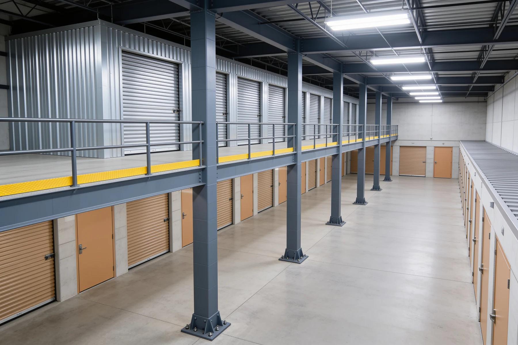 Self-storage facility interior where a structural steel mezzanine carries an upper row of storage units: grey square-tube columns on bolted base plates support the deck, the open walkway is edged with a steel guardrail and a safety-yellow kick plate, and tan roll-up unit doors line the ground-floor aisle below