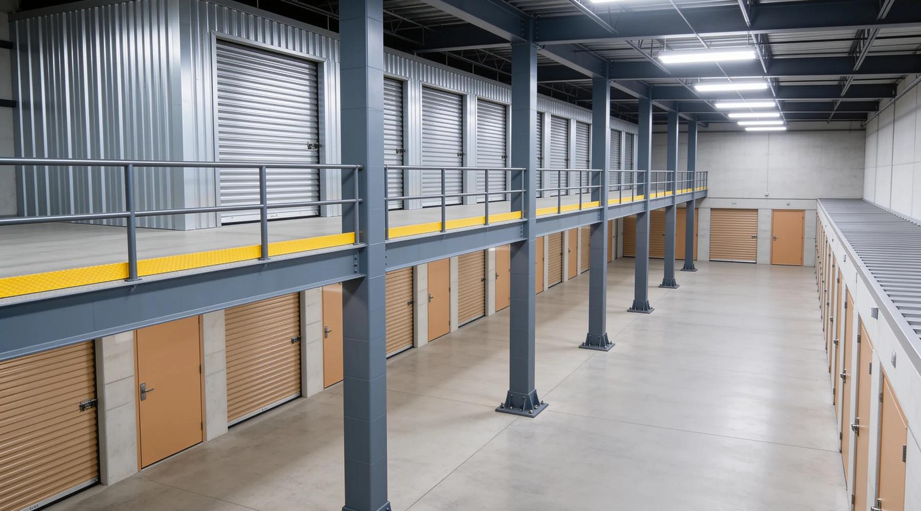 Self-storage facility interior where a structural steel mezzanine carries an upper row of storage units: grey square-tube columns on bolted base plates support the deck, the open walkway is edged with a steel guardrail and a safety-yellow kick plate, and tan roll-up unit doors line the ground-floor aisle below