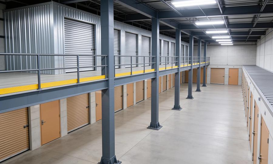 Self-storage facility interior where a structural steel mezzanine carries an upper row of storage units: grey square-tube columns on bolted base plates support the deck, the open walkway is edged with a steel guardrail and a safety-yellow kick plate, and tan roll-up unit doors line the ground-floor aisle below