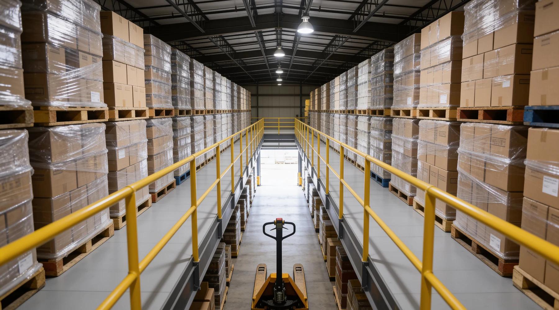 View along a heavily loaded mezzanine deck with rows of wrapped pallets behind safety-yellow perimeter guardrails