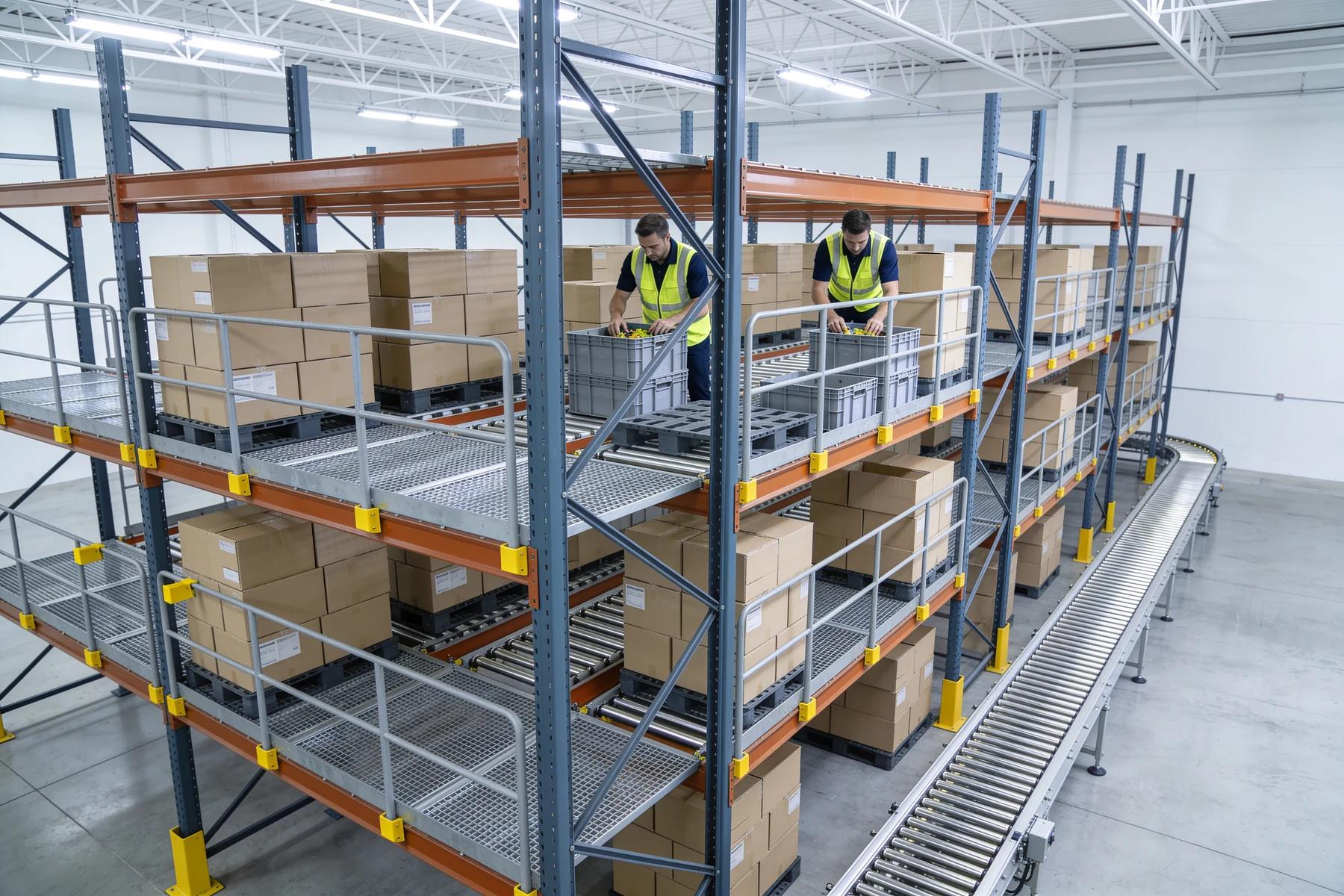 Two-level rack-supported pick module in a fulfillment center with blue-grey teardrop rack uprights, orange beams, wire mesh deck levels, carton flow lanes of unmarked boxes, two workers picking into totes on the upper level and a gravity roller conveyor running along the aisle
