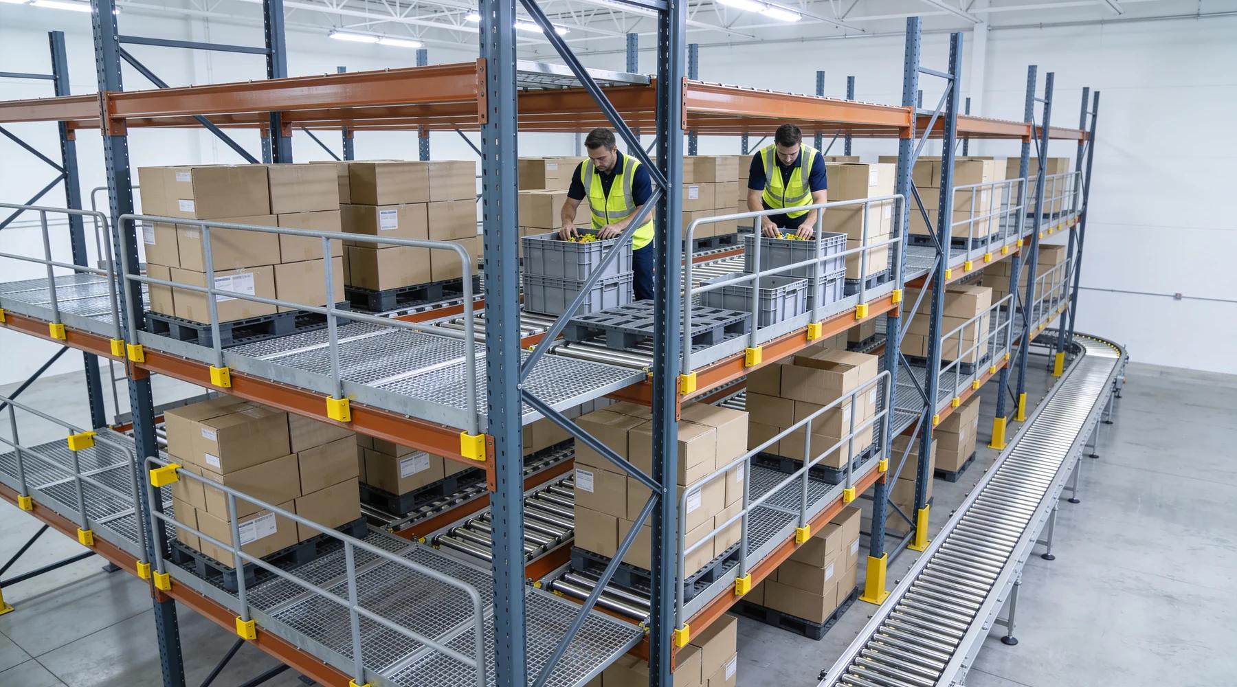 Two-level rack-supported pick module in a fulfillment center with blue-grey teardrop rack uprights, orange beams, wire mesh deck levels, carton flow lanes of unmarked boxes, two workers picking into totes on the upper level and a gravity roller conveyor running along the aisle