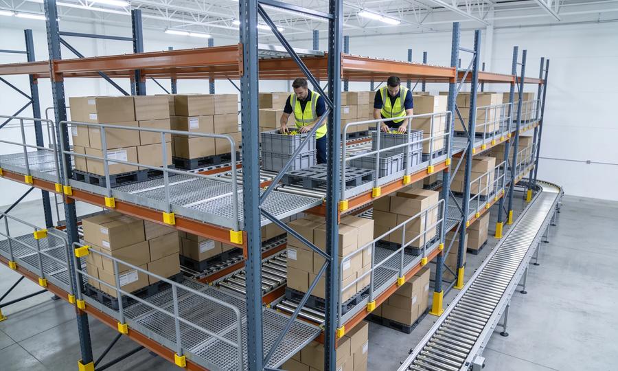 Two-level rack-supported pick module in a fulfillment center with blue-grey teardrop rack uprights, orange beams, wire mesh deck levels, carton flow lanes of unmarked boxes, two workers picking into totes on the upper level and a gravity roller conveyor running along the aisle