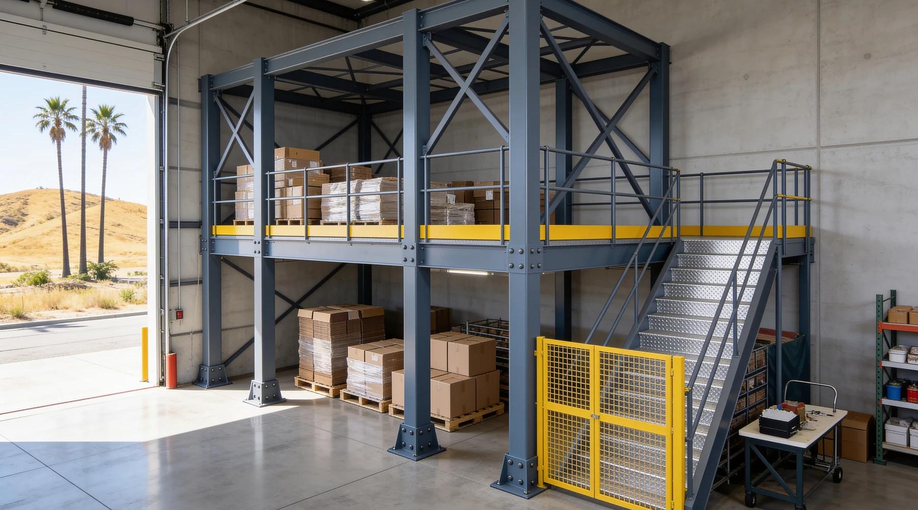 Slate-blue steel storage mezzanine with yellow kick plates, a galvanized stair and a yellow mesh gate inside a concrete warehouse, with an open dock door showing palm trees and dry golden hills outside