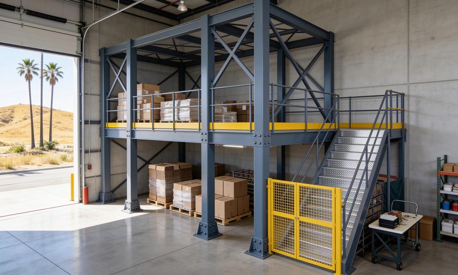 Slate-blue steel storage mezzanine with yellow kick plates, a galvanized stair and a yellow mesh gate inside a concrete warehouse, with an open dock door showing palm trees and dry golden hills outside