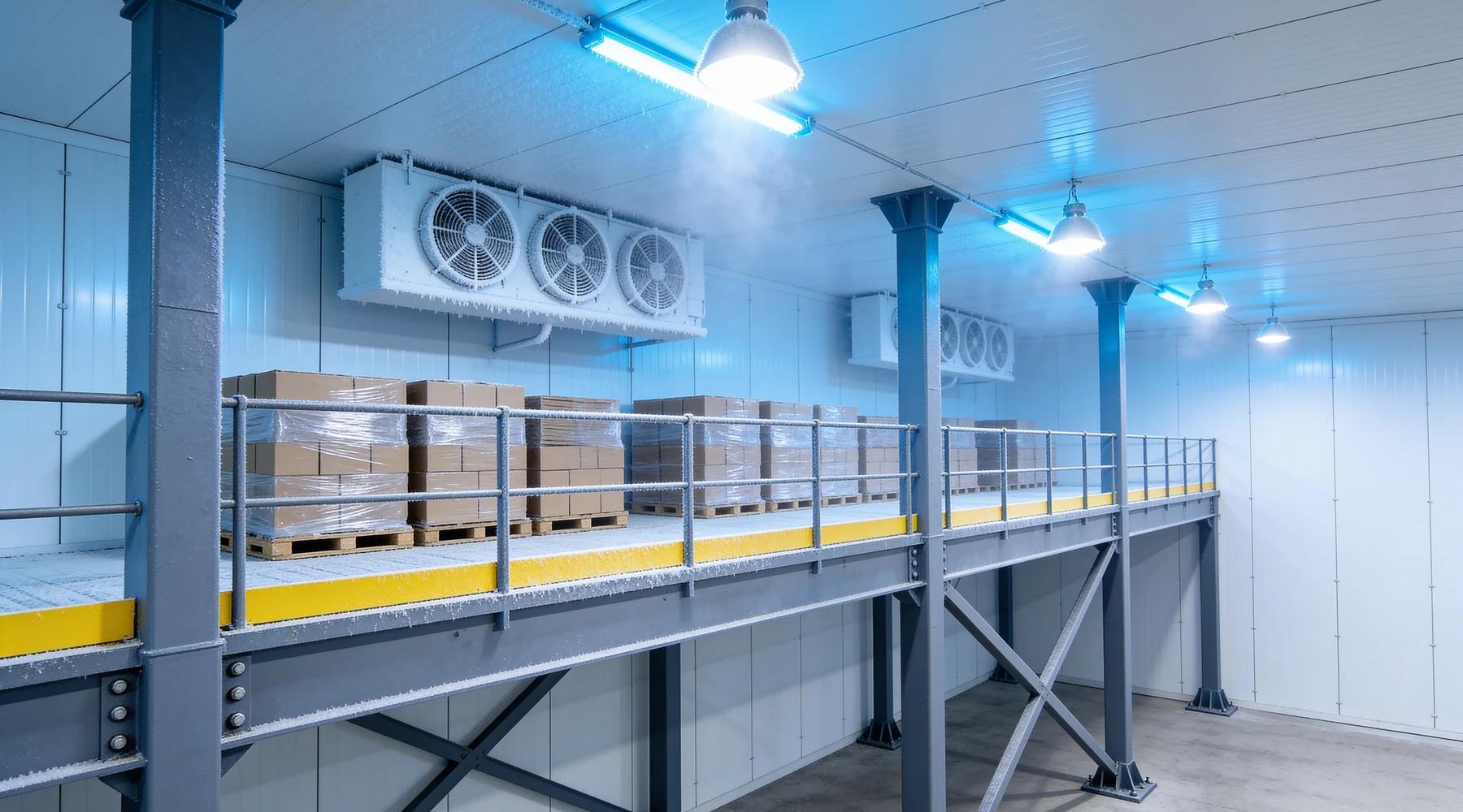 Free-standing steel mezzanine inside a refrigerated warehouse: slate-blue square tube columns and diagonal X-bracing carry a deck edged with guardrails and a safety-yellow kick plate, loaded with stretch-wrapped cartons on pallets, beneath ceiling-mounted evaporator fan units and white insulated metal panel walls