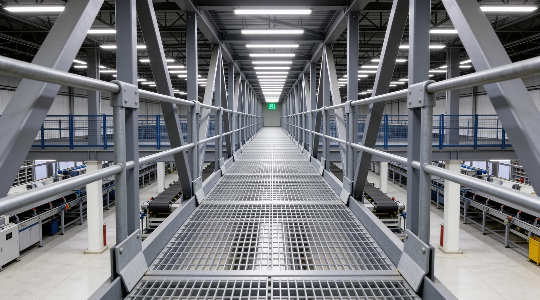 Long elevated steel catwalk with bar-grating walking surface and guardrails crossing a production building in one-point perspective