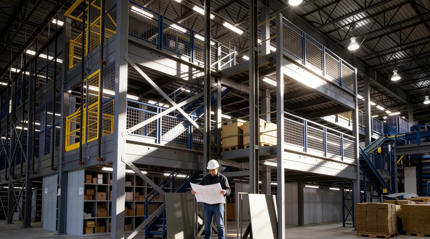 Large pristine steel mezzanine photographed low and wide with an engineer reviewing drawings at its base