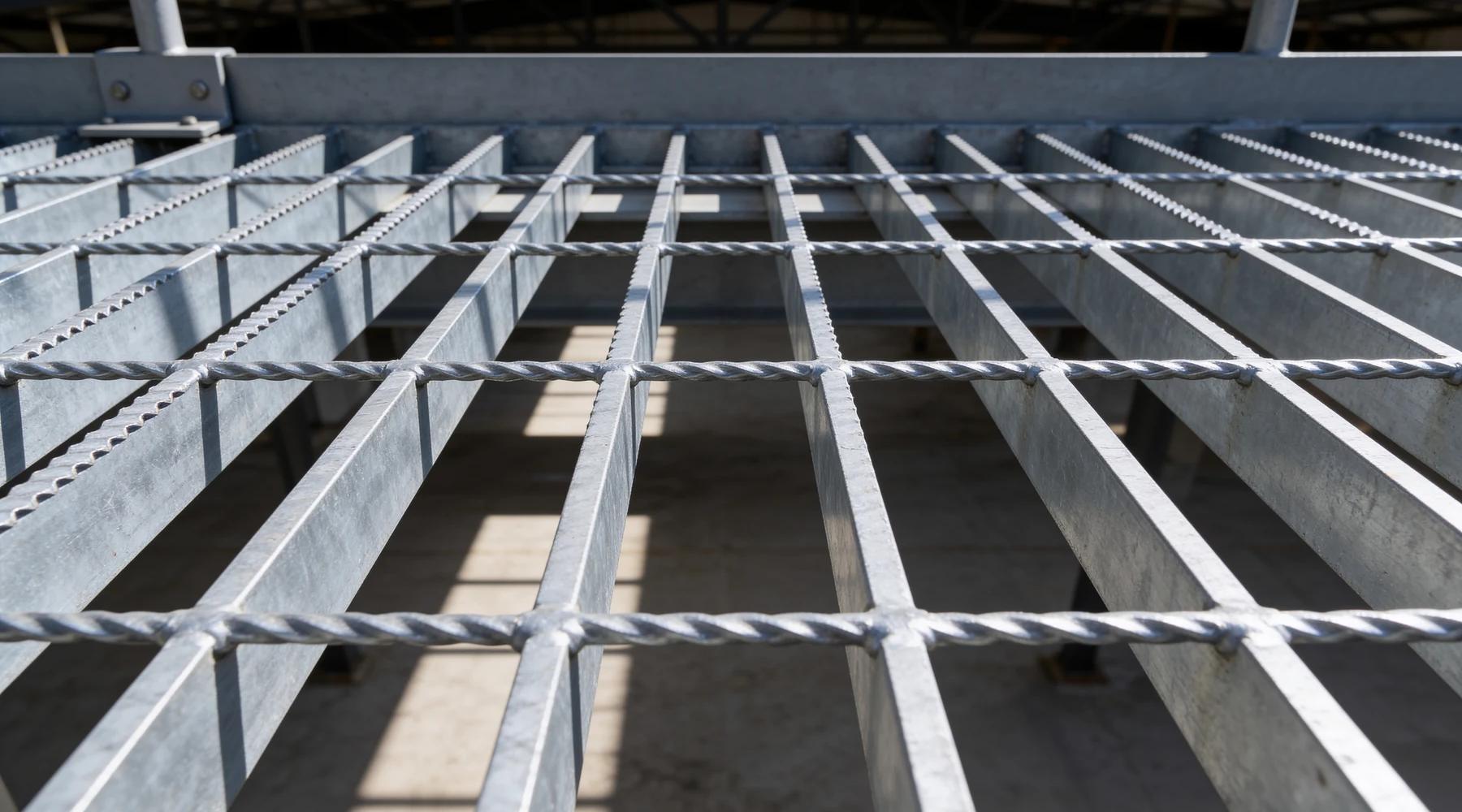 Close overhead view of a welded steel bar grating mezzanine deck showing bearing bars, cross rods, and the open pattern between them