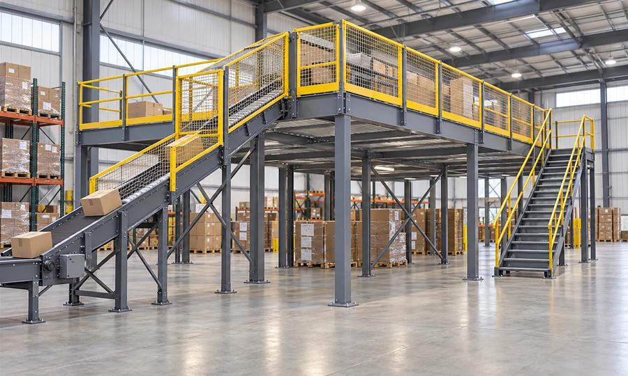 AI-generated concept illustration of an inclined carton conveyor beside a grey steel mezzanine, with yellow mesh guarding and a separate staircase