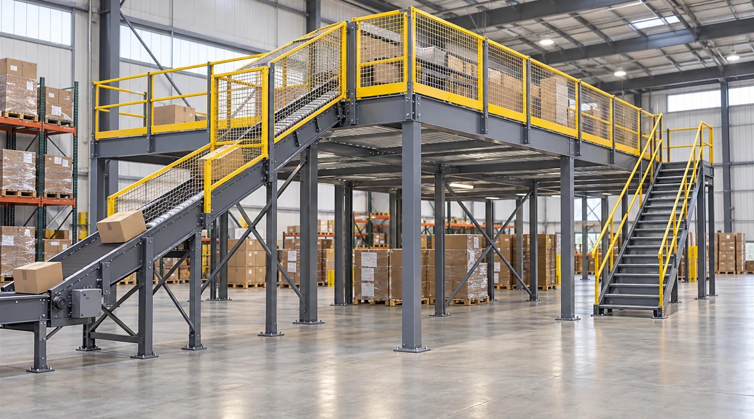 AI-generated concept illustration of an inclined carton conveyor beside a grey steel mezzanine, with yellow mesh guarding and a separate staircase