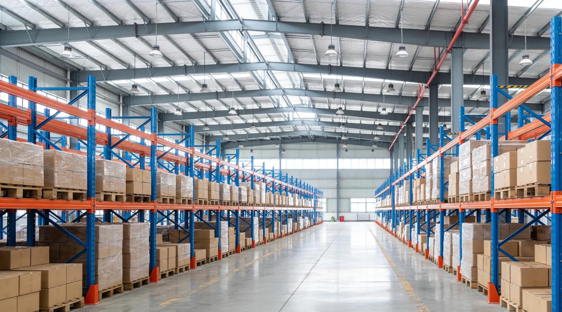 Wide aisle in a large distribution warehouse with blue and orange pallet racking loaded with cartons on the lower beam levels, and a large volume of empty air above the top of the racking rising to the white insulated roof deck, exposed steel joists, high-bay lights and red sprinkler piping