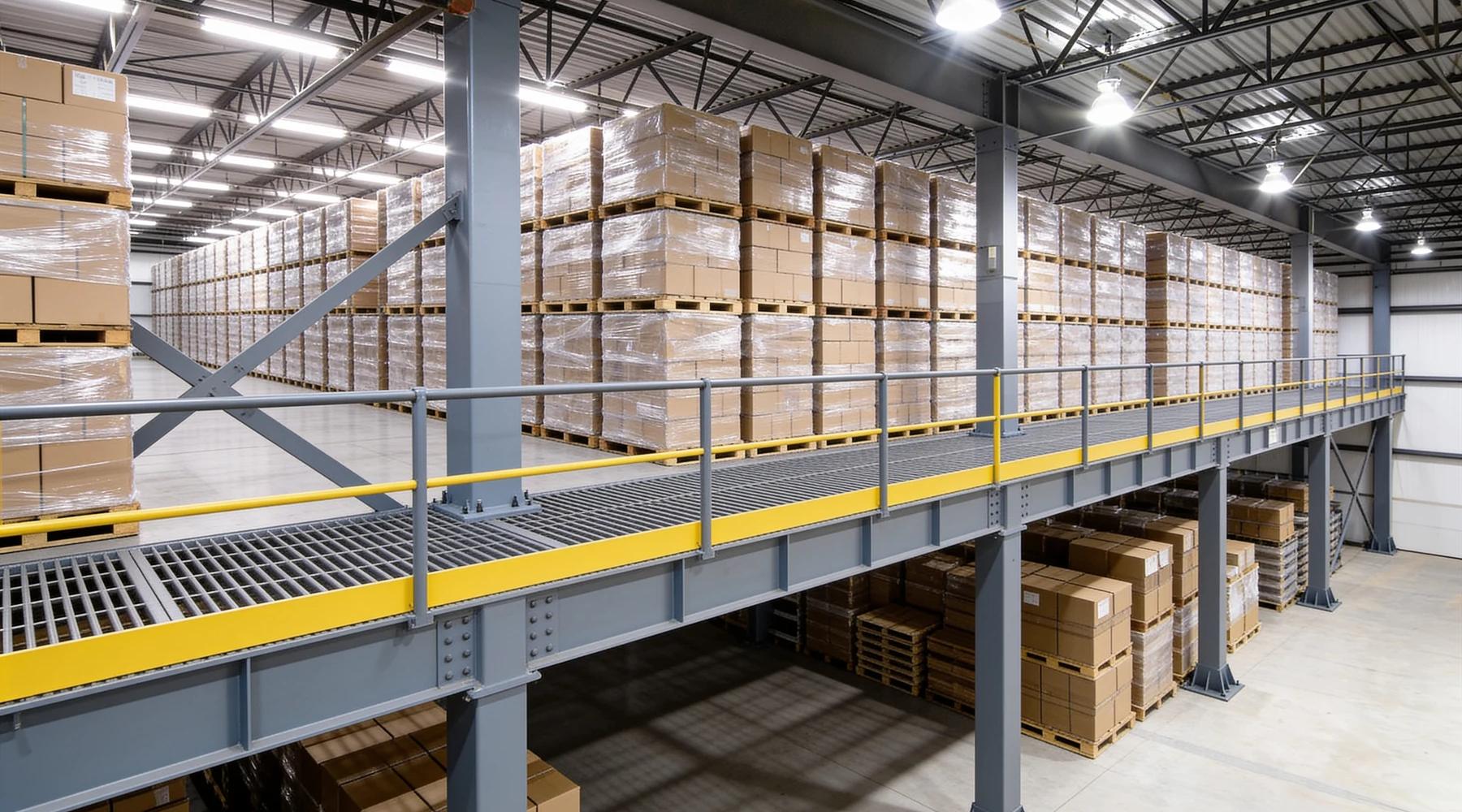 Elevated steel storage mezzanine deck stacked with palletized cartons behind a perimeter guardrail with a safety-yellow kick plate, X-bracing on the grey columns and more pallet storage on the floor below