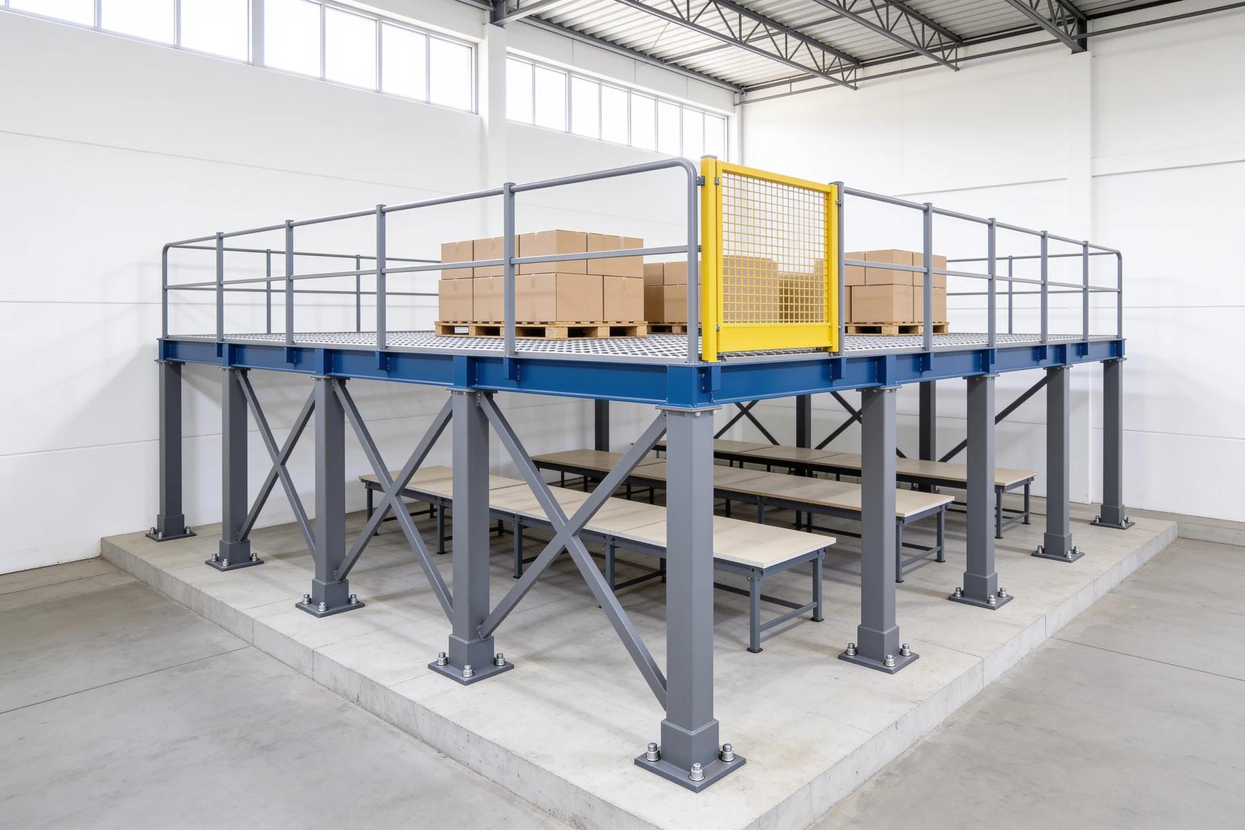 Free-standing steel work platform in an empty white warehouse: grey square columns on bolted base plates with X-bracing, blue perimeter beams, a grating deck with grey guardrails, a yellow mesh pallet gate and stacked cartons on top, and bare workbenches underneath