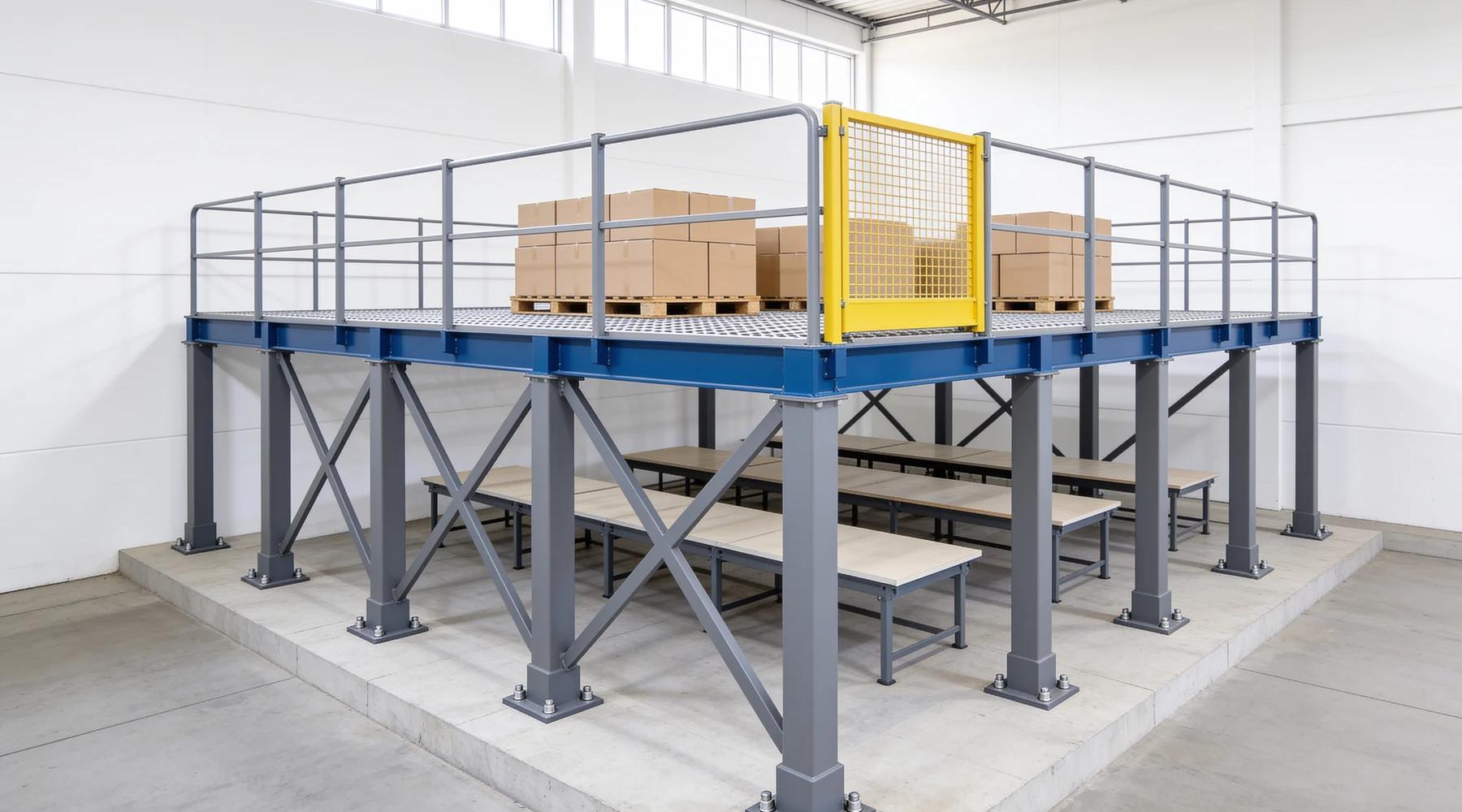 Free-standing steel work platform in an empty white warehouse: grey square columns on bolted base plates with X-bracing, blue perimeter beams, a grating deck with grey guardrails, a yellow mesh pallet gate and stacked cartons on top, and bare workbenches underneath
