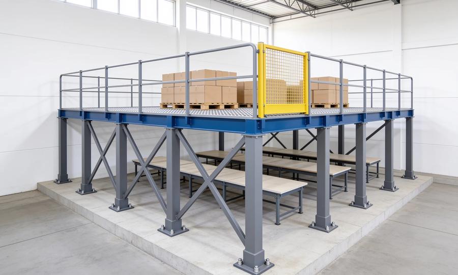 Free-standing steel work platform in an empty white warehouse: grey square columns on bolted base plates with X-bracing, blue perimeter beams, a grating deck with grey guardrails, a yellow mesh pallet gate and stacked cartons on top, and bare workbenches underneath
