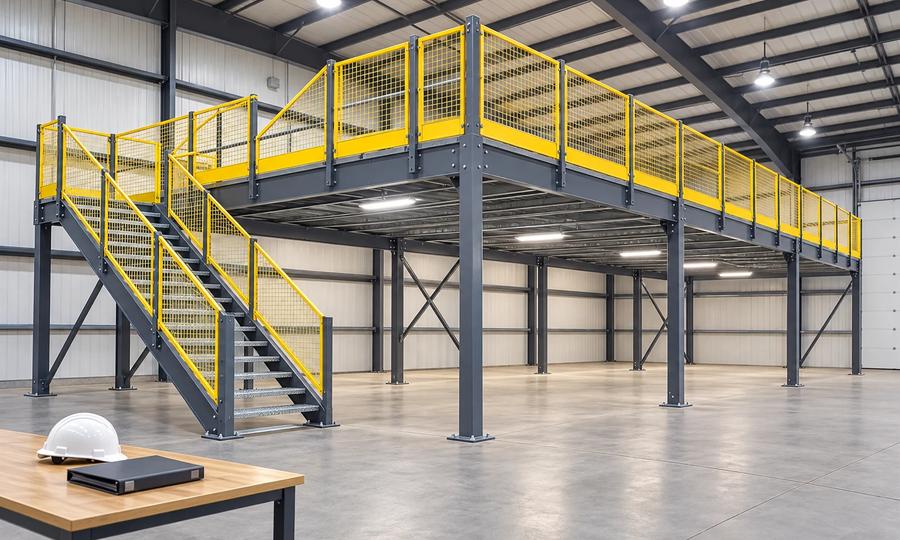 AI-generated concept illustration of an empty steel mezzanine with yellow guards, with a binder and hard hat on a nearby table
