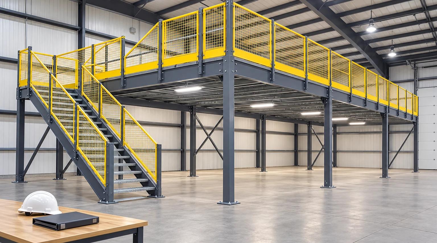 AI-generated concept illustration of an empty steel mezzanine with yellow guards, with a binder and hard hat on a nearby table