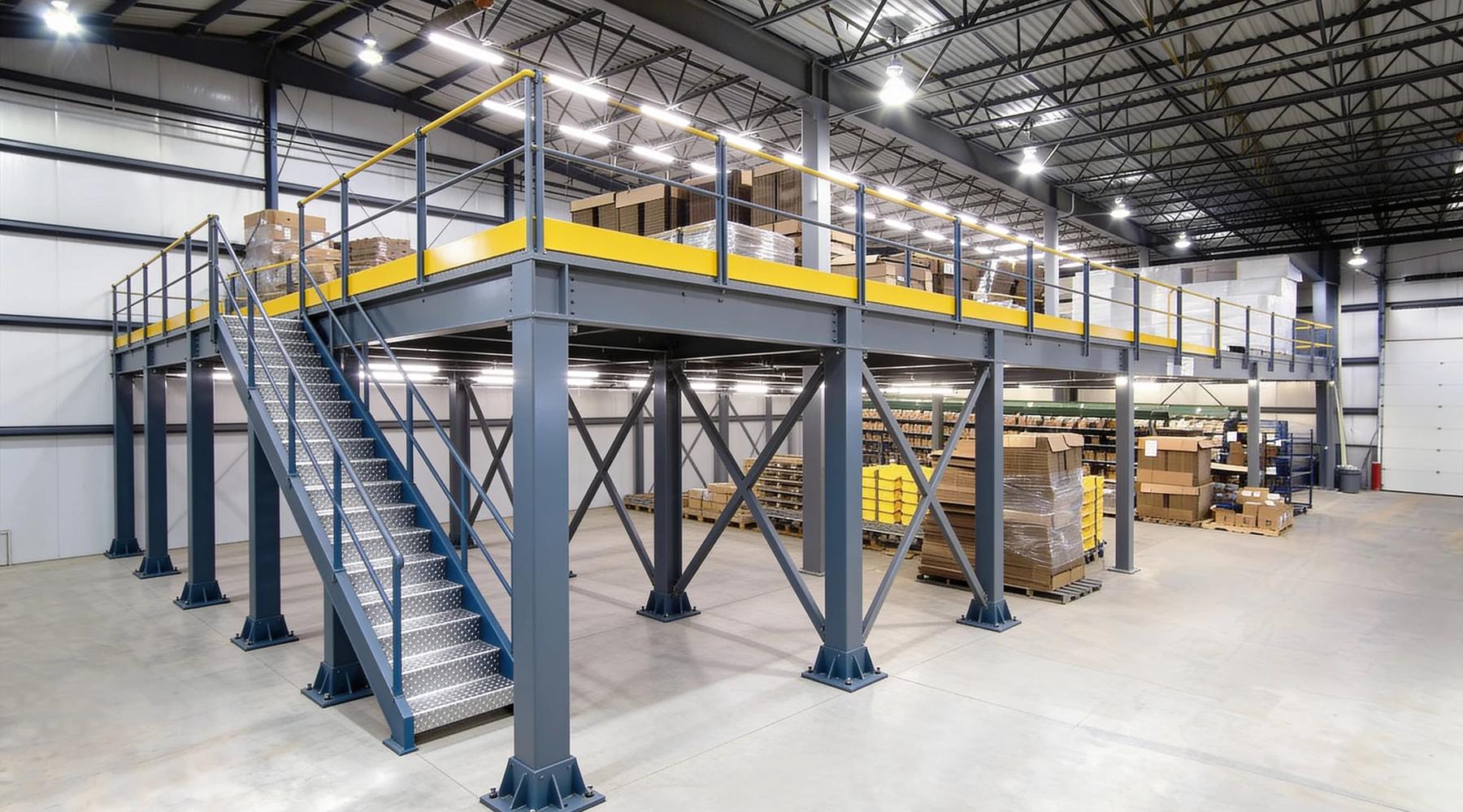 Wide view of a free-standing structural steel storage mezzanine in a distribution warehouse, slate-blue columns on bolted base plates with X-bracing, a yellow deck fascia and a galvanized stair run