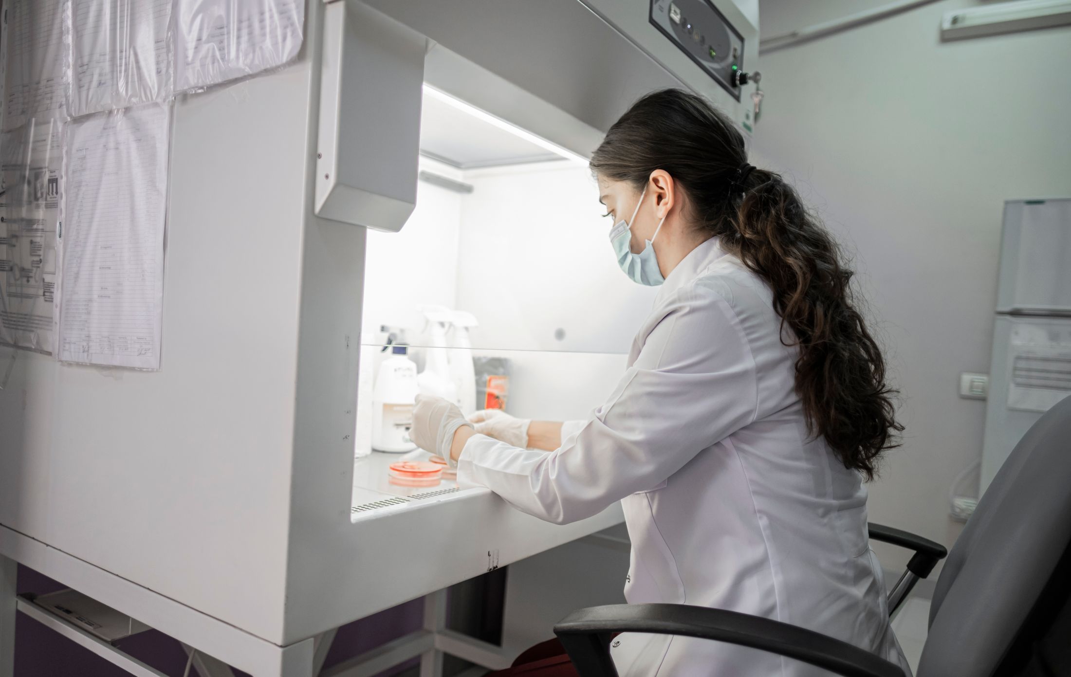 A female scientist wearing a mask works in a laboratory in Baku, Azerbaijan.