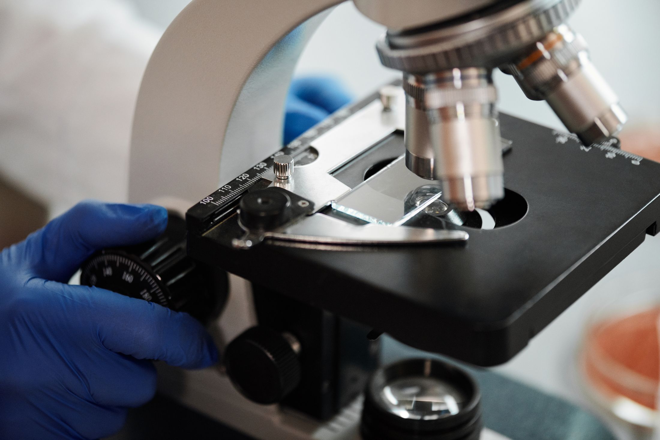 Gloved researcher adjusting a sample slide under a microscope