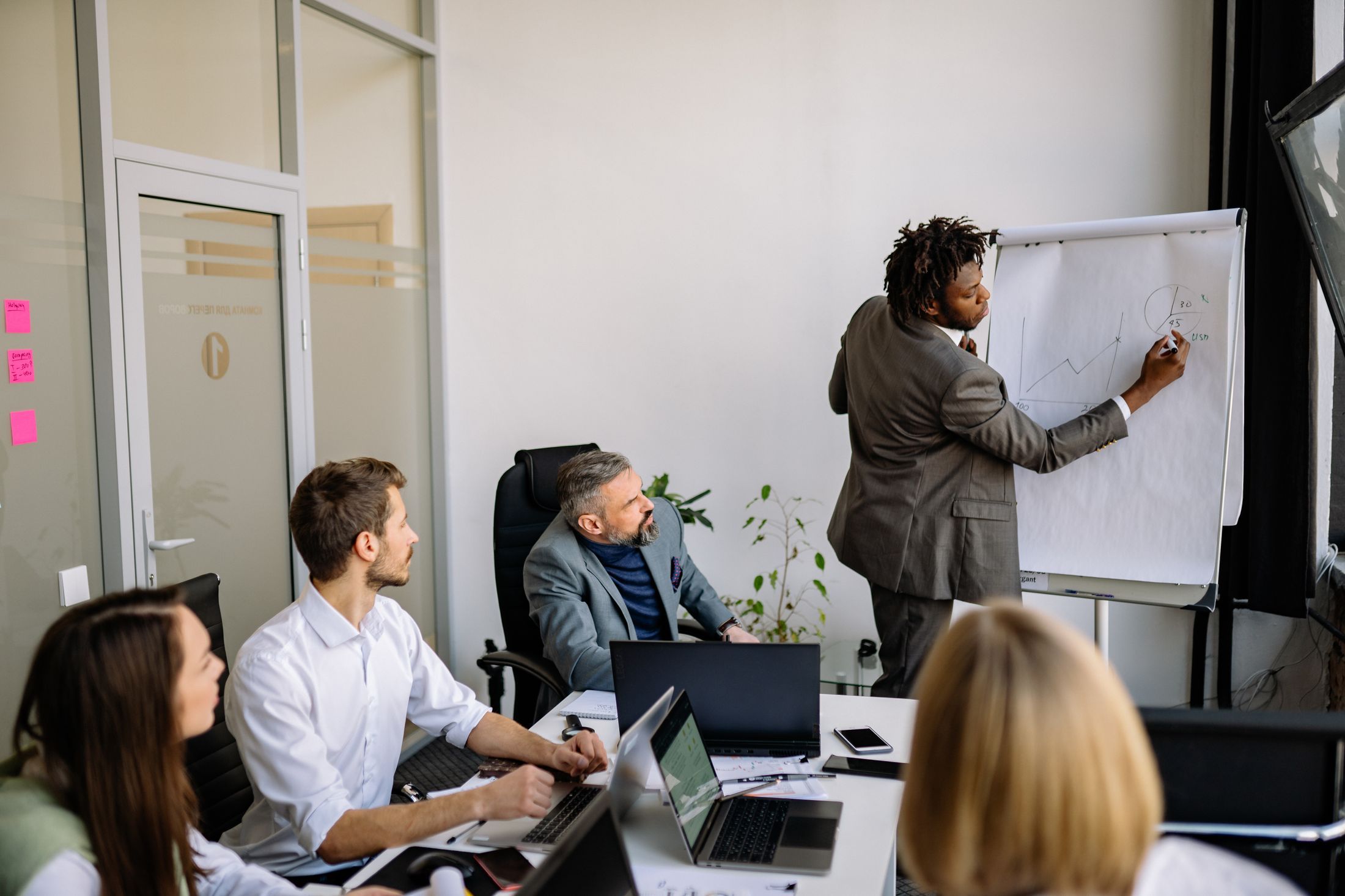 Professionals discussing a presentation around a meeting table