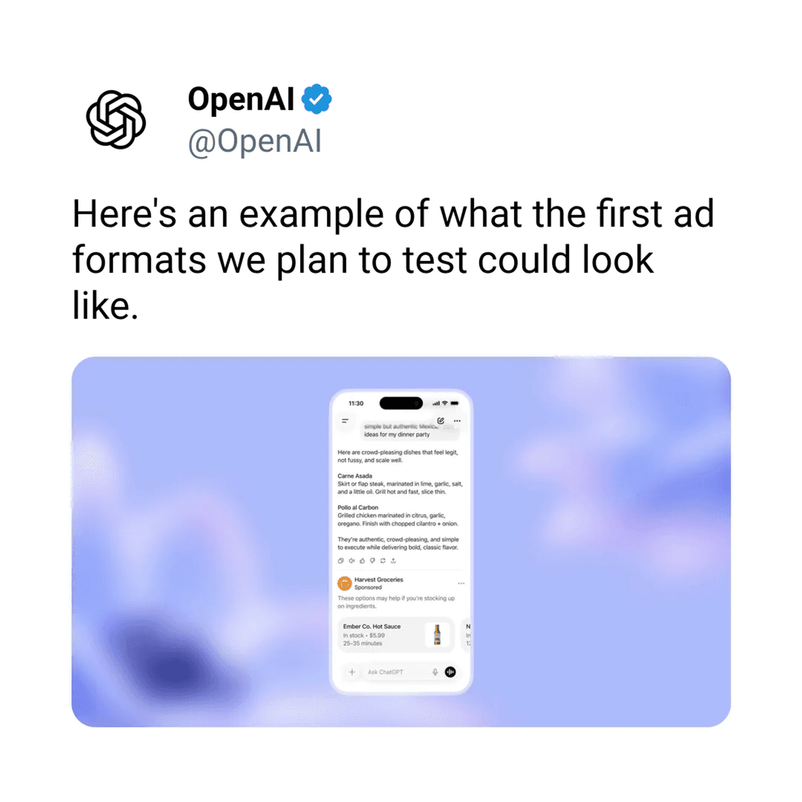 OpenAI's post showing the first ad format it plans to test, on a phone screen