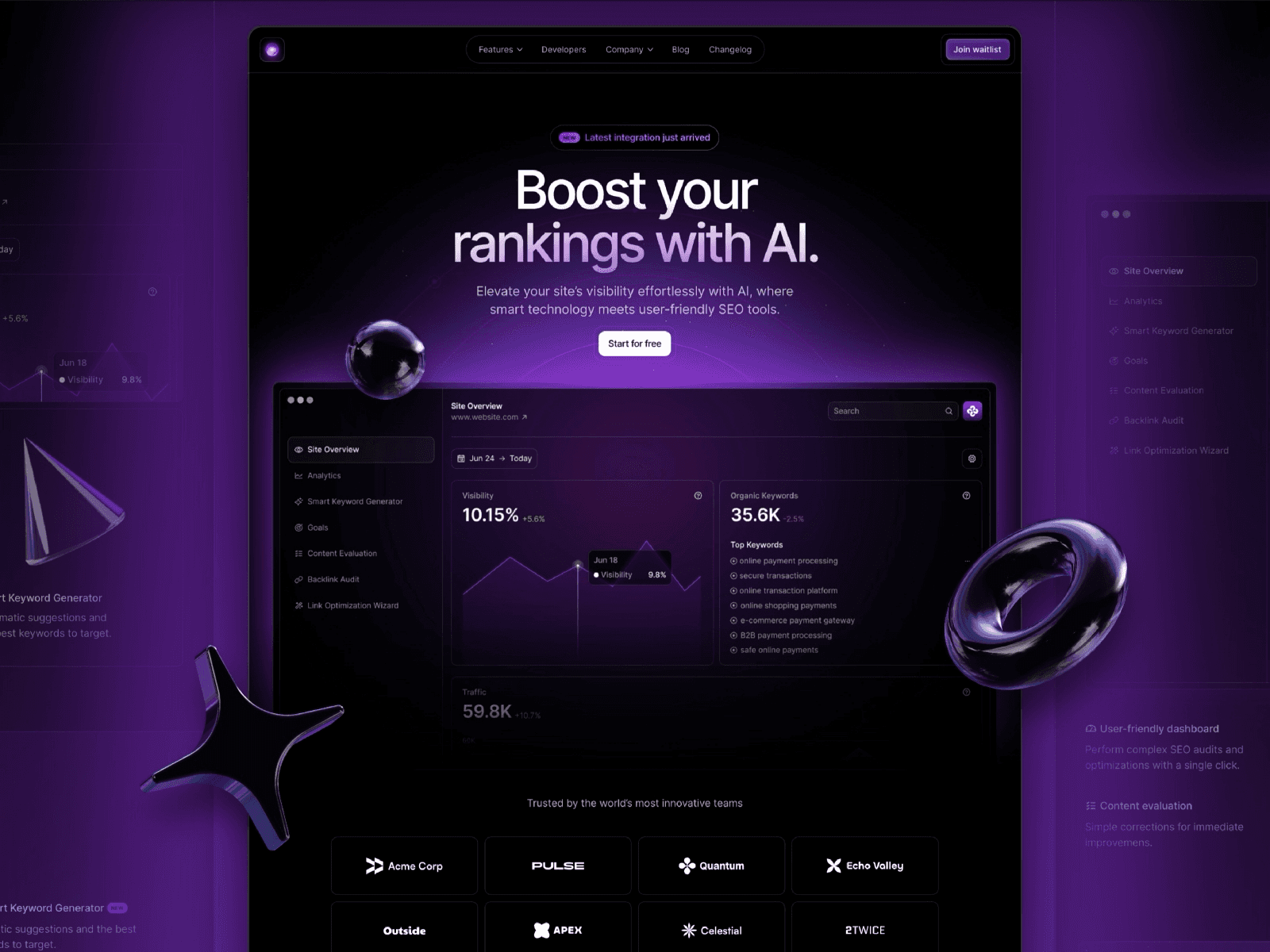 A dark Framer template for an AI SEO tool: Boost your rankings with AI