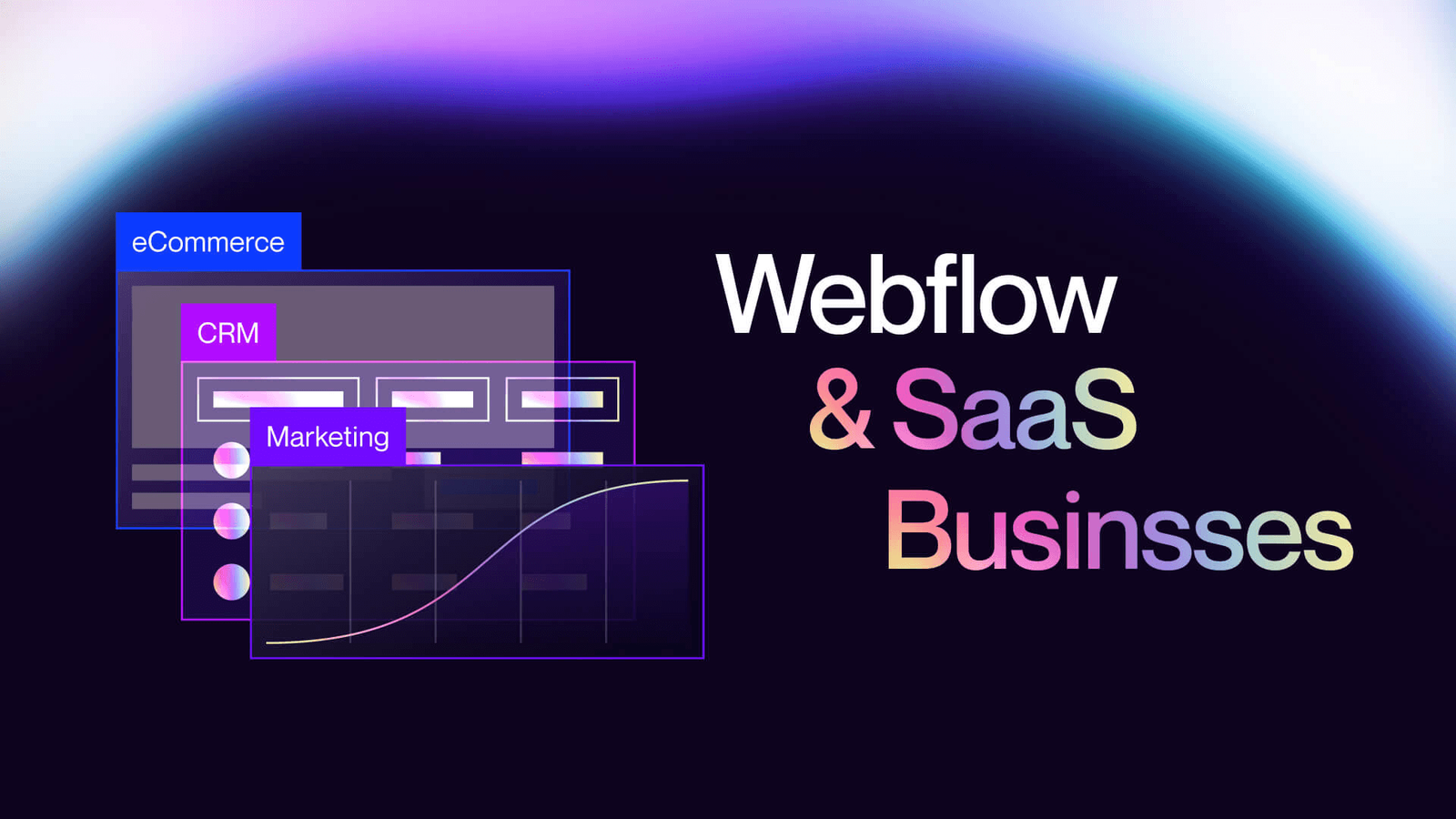 Webflow and SaaS businesses: eCommerce, CRM and Marketing panels over a growth chart