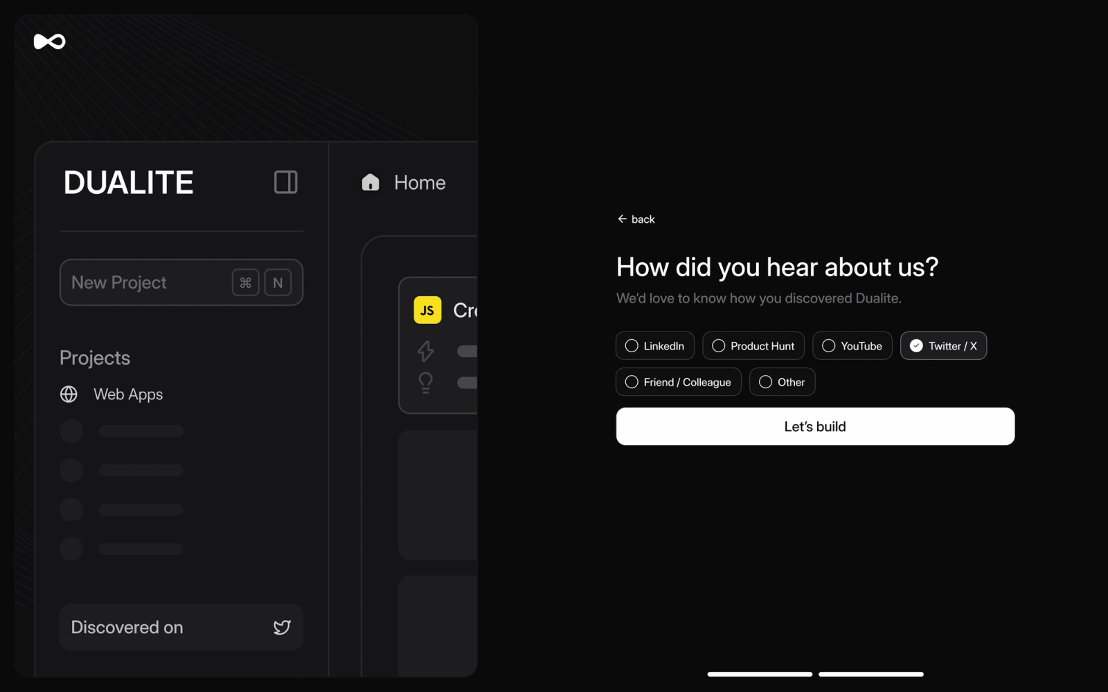 Dualite's onboarding step asking How did you hear about us?, with LinkedIn, Product Hunt, YouTube and Twitter as options