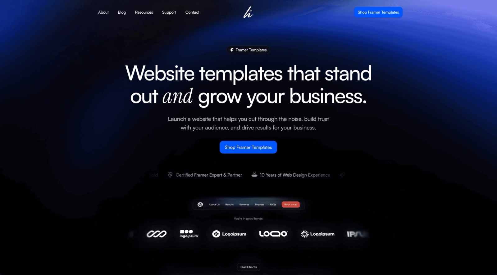 A dark Framer template homepage: Website templates that stand out and grow your business