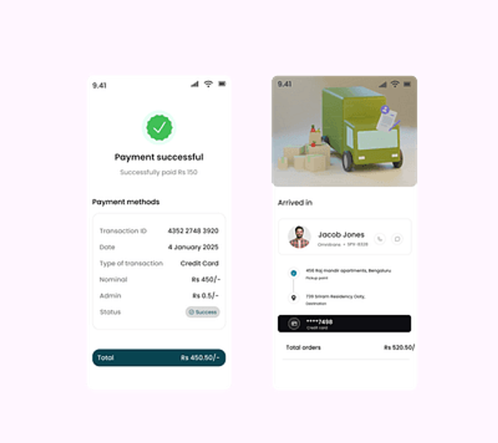 Two phone confirmation screens: Payment successful with transaction details, and a delivery arrived screen