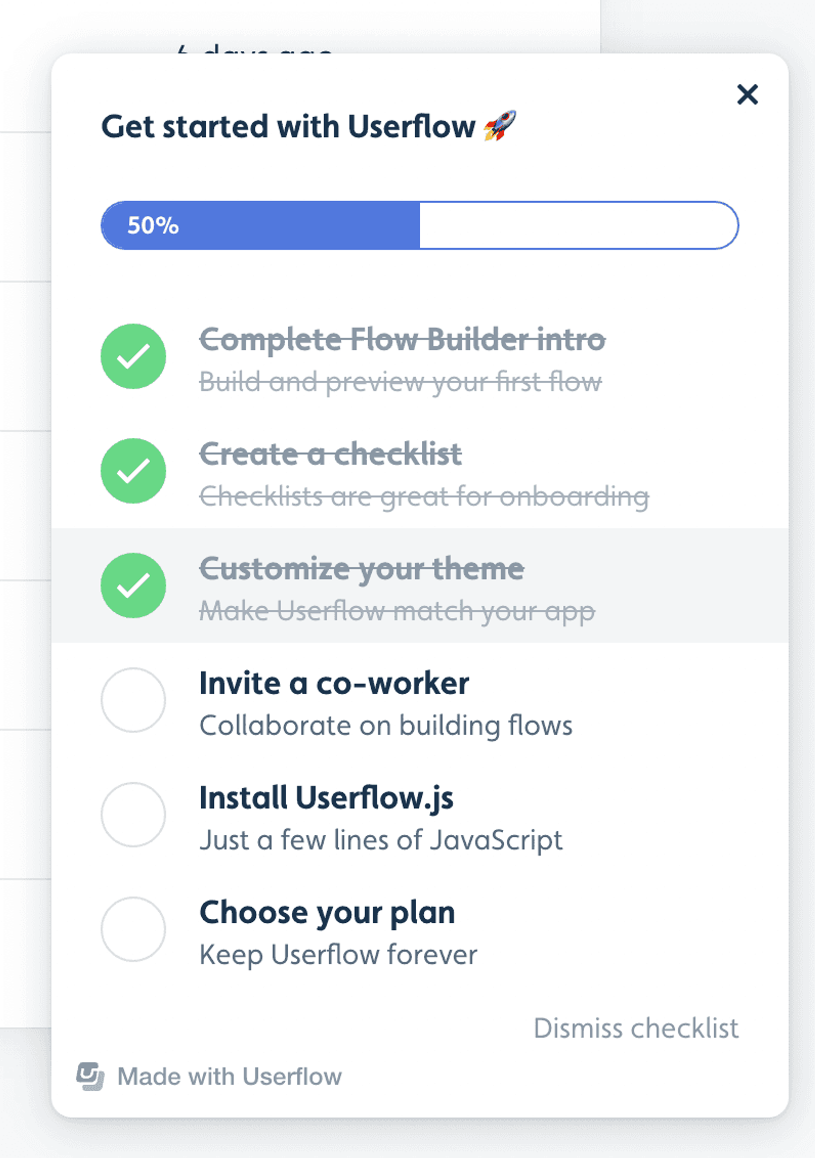 Userflow's Get started checklist at 50%, with three steps done and three to go