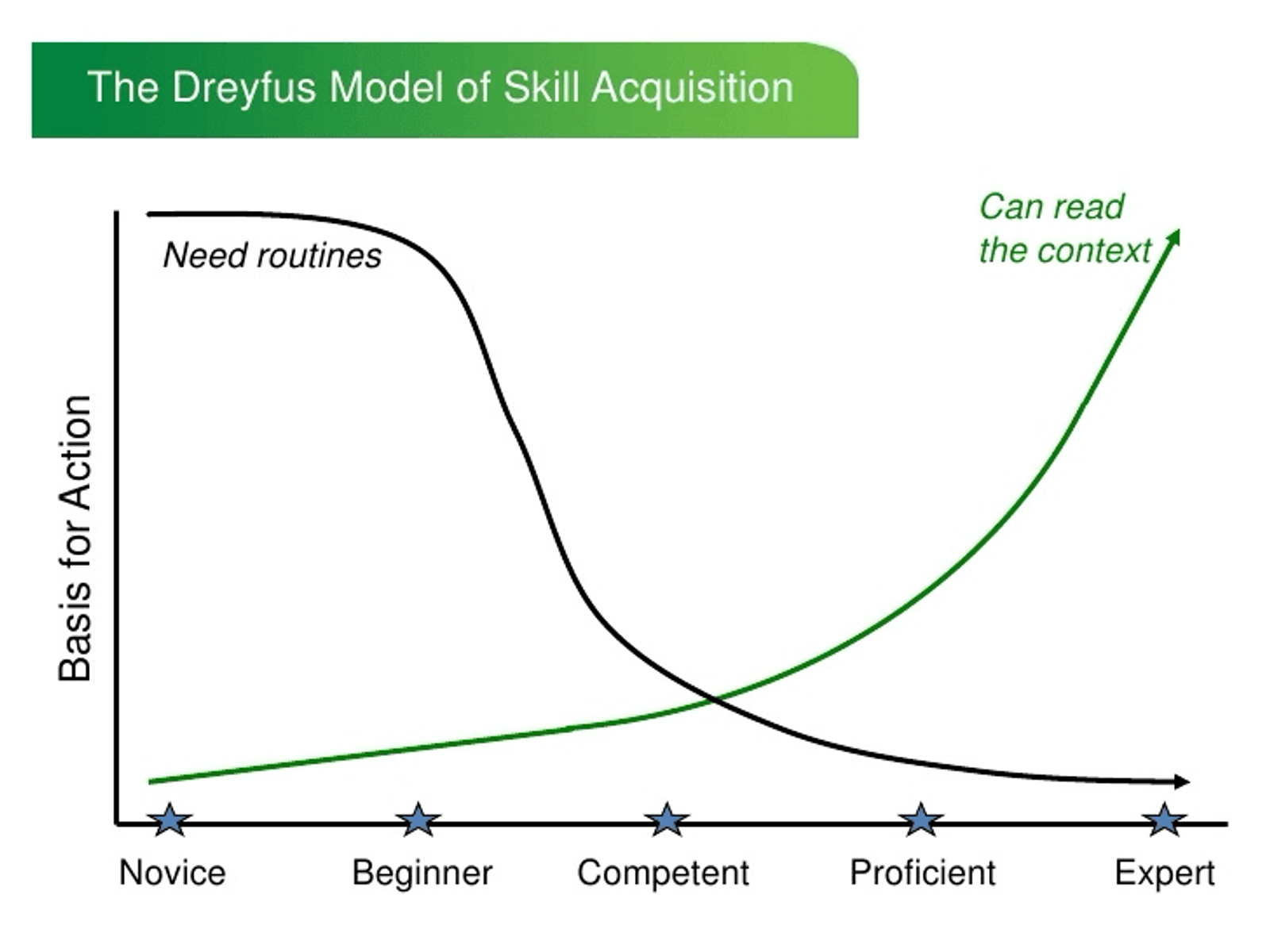 The Dreyfus model of skill acquisition: the need for routines falls and reading the context rises from novice to expert