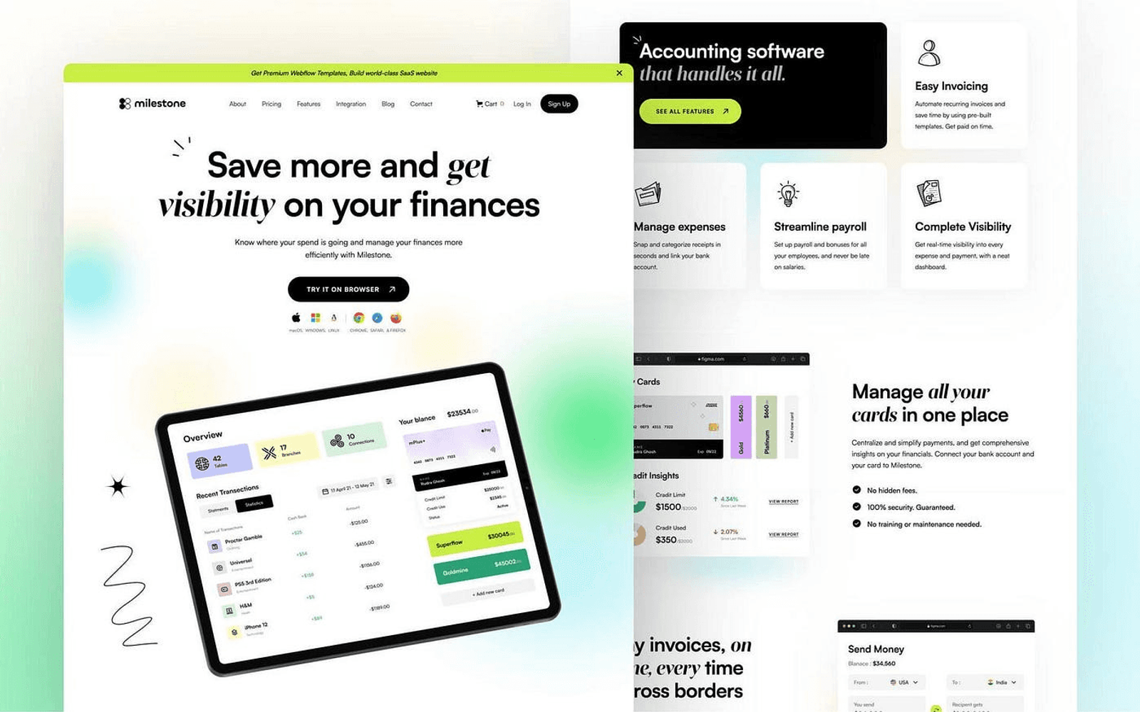 Milestone, a Webflow finance template: Save more and get visibility on your finances