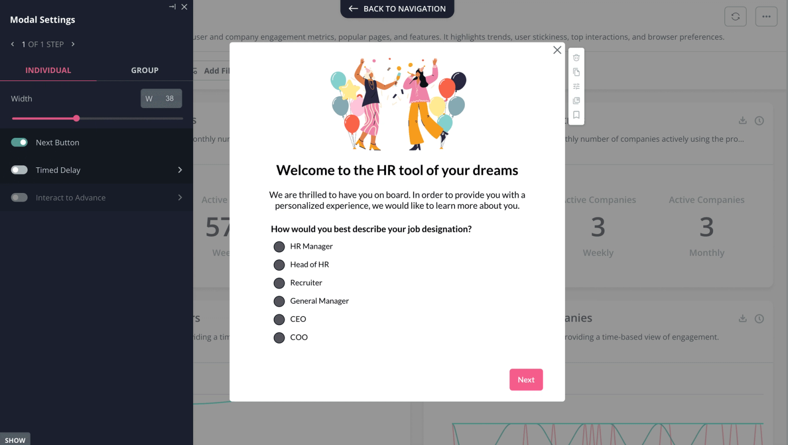 A welcome modal in an HR tool asking how you would best describe your job, with roles to choose from