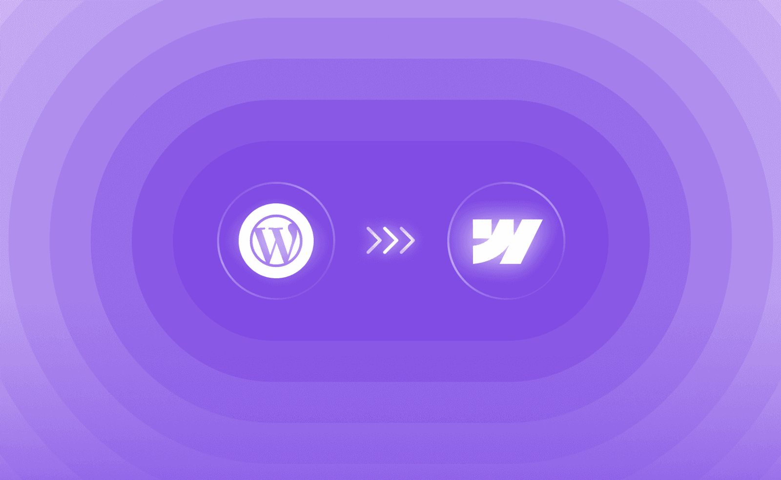 The WordPress logo with arrows pointing to the Webflow logo, on purple