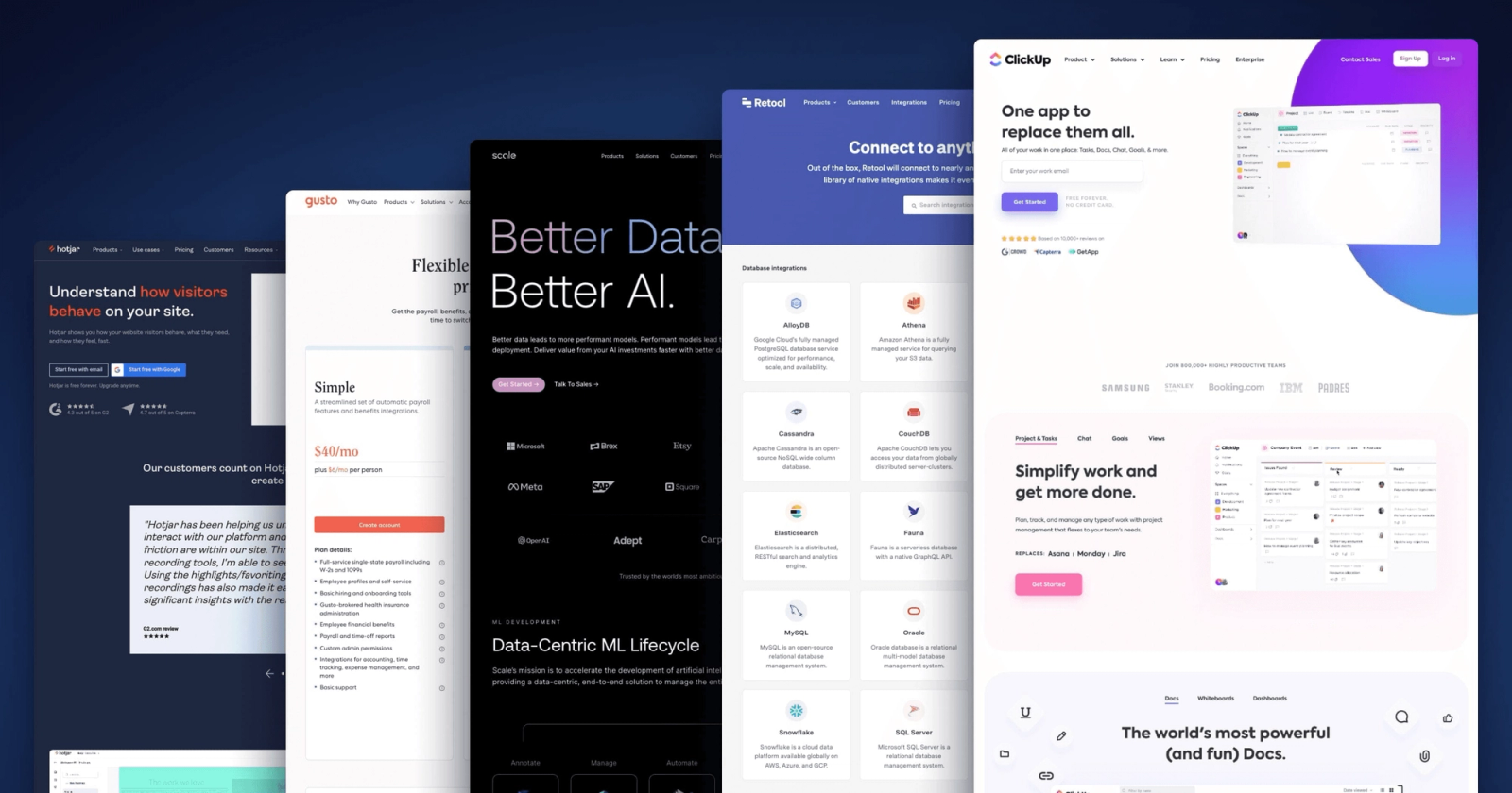 Homepages of Hotjar, Gusto, Scale, Retool and ClickUp, overlapping