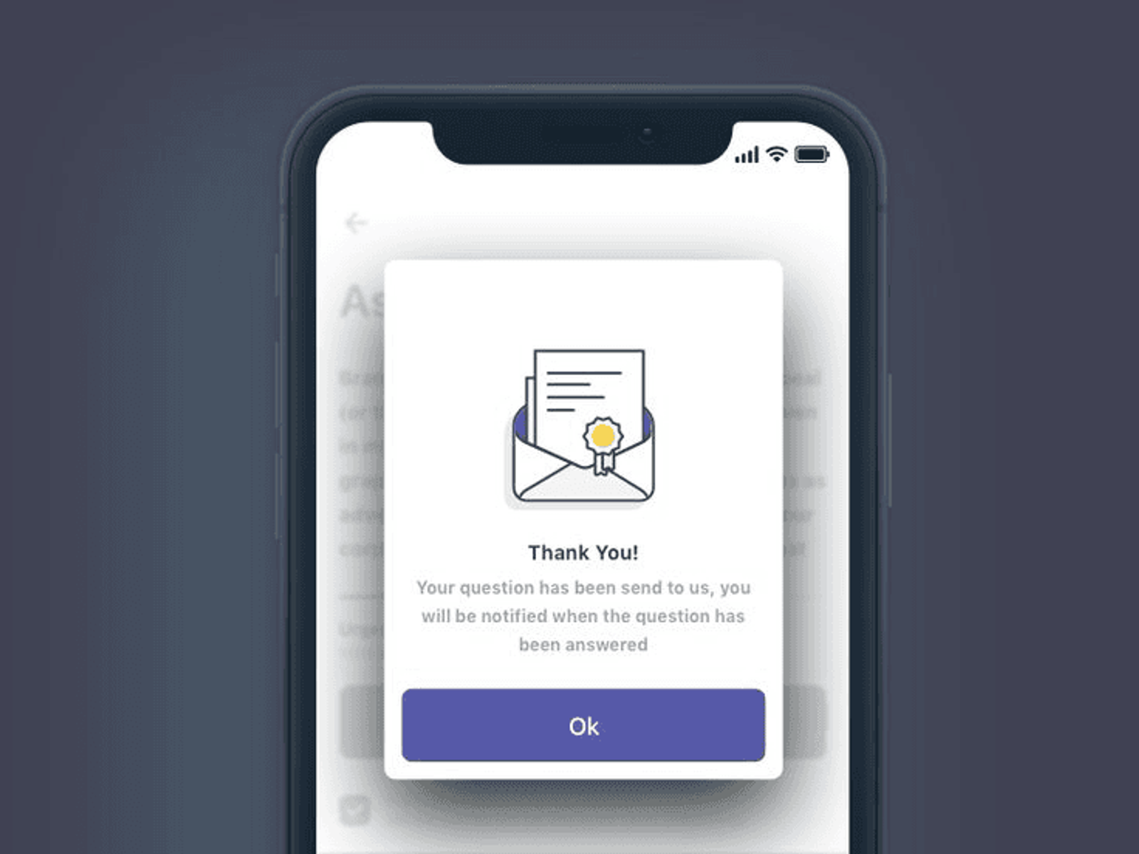 A phone showing a Thank You! confirmation after a question is sent, with an Ok button