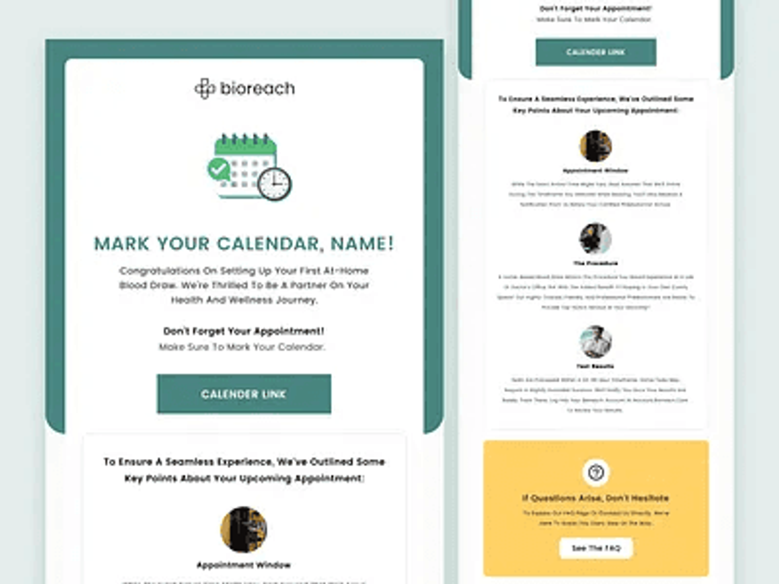 Bioreach's appointment email: Mark your calendar, with a calendar link and what to expect