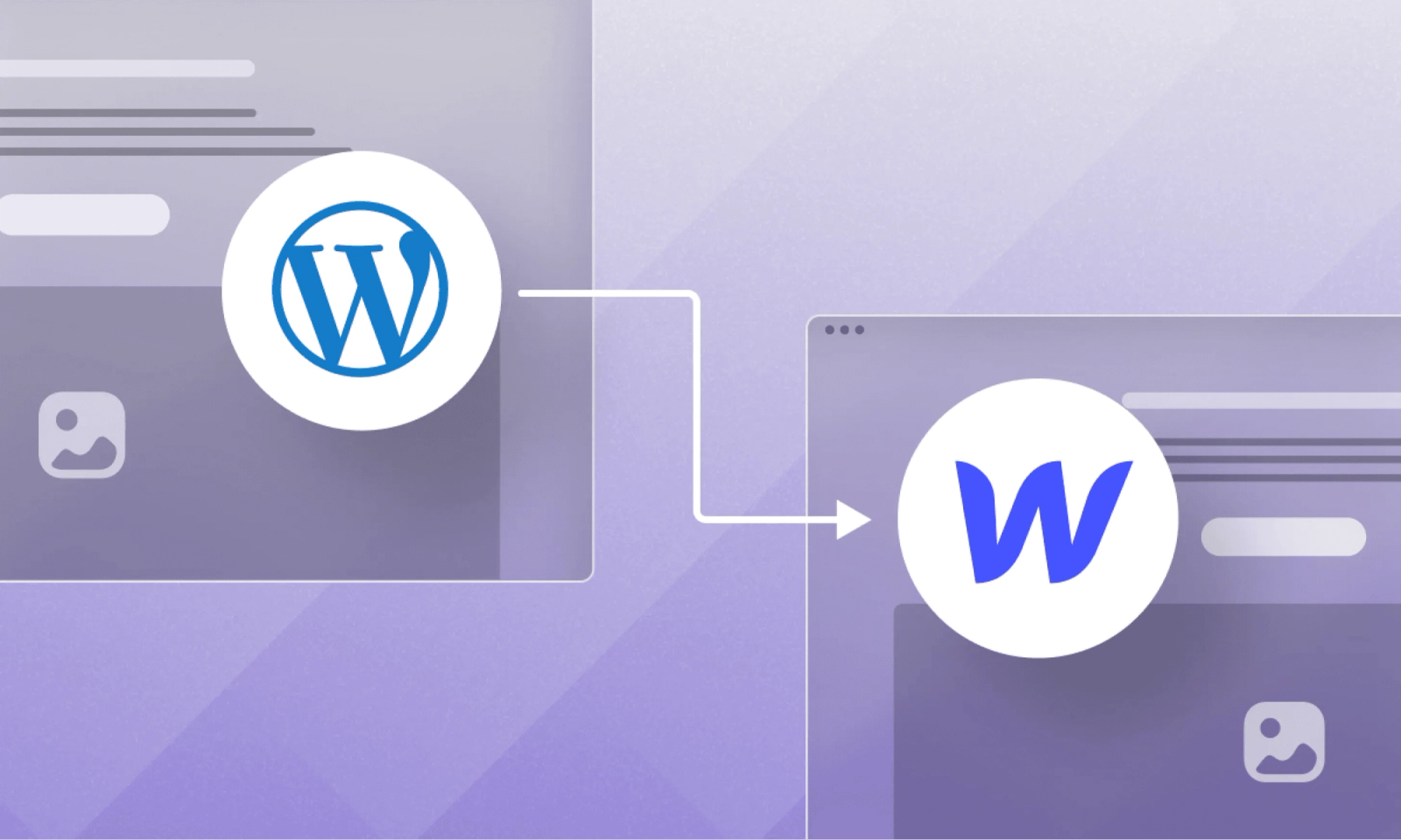 A WordPress site being moved to Webflow, shown as two browser windows joined by an arrow