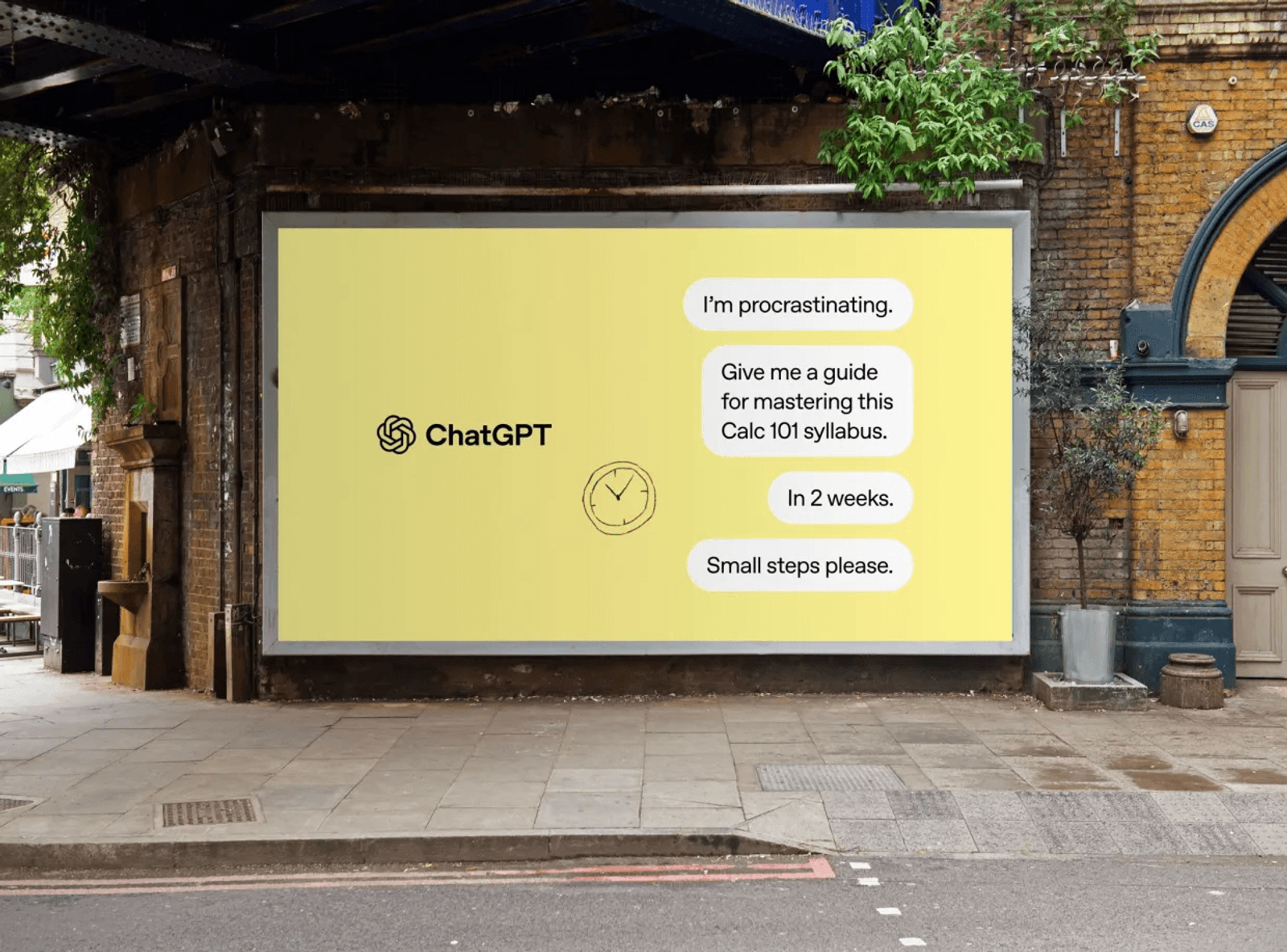 A ChatGPT billboard on a brick wall with prompts like 'I'm procrastinating' and 'Give me a guide for mastering this Calc 101 syllabus'