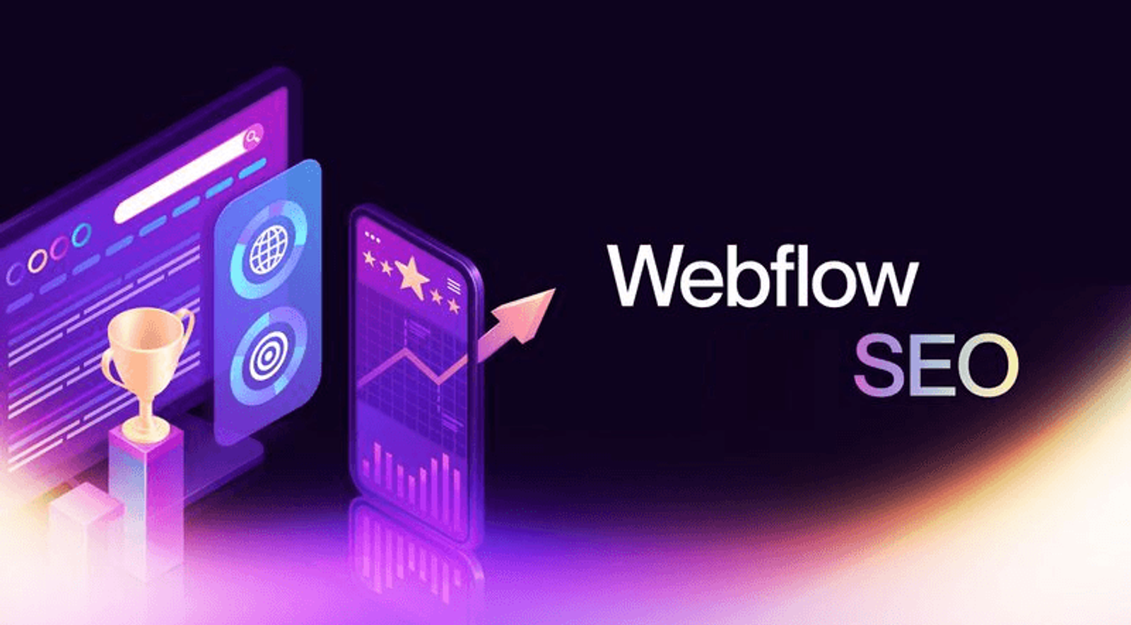 Webflow SEO: an illustration of a trophy, charts and a rising arrow