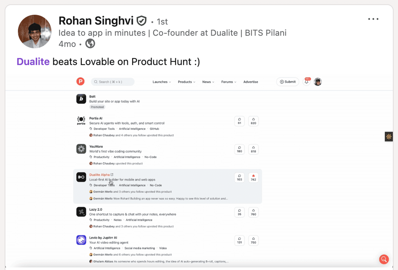 A LinkedIn post by Dualite's co-founder: Dualite beats Lovable on Product Hunt, with the Product Hunt leaderboard
