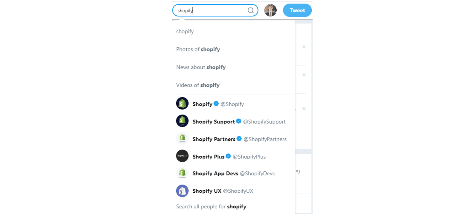 Twitter's search dropdown for shopify, listing Shopify's accounts with verified badges