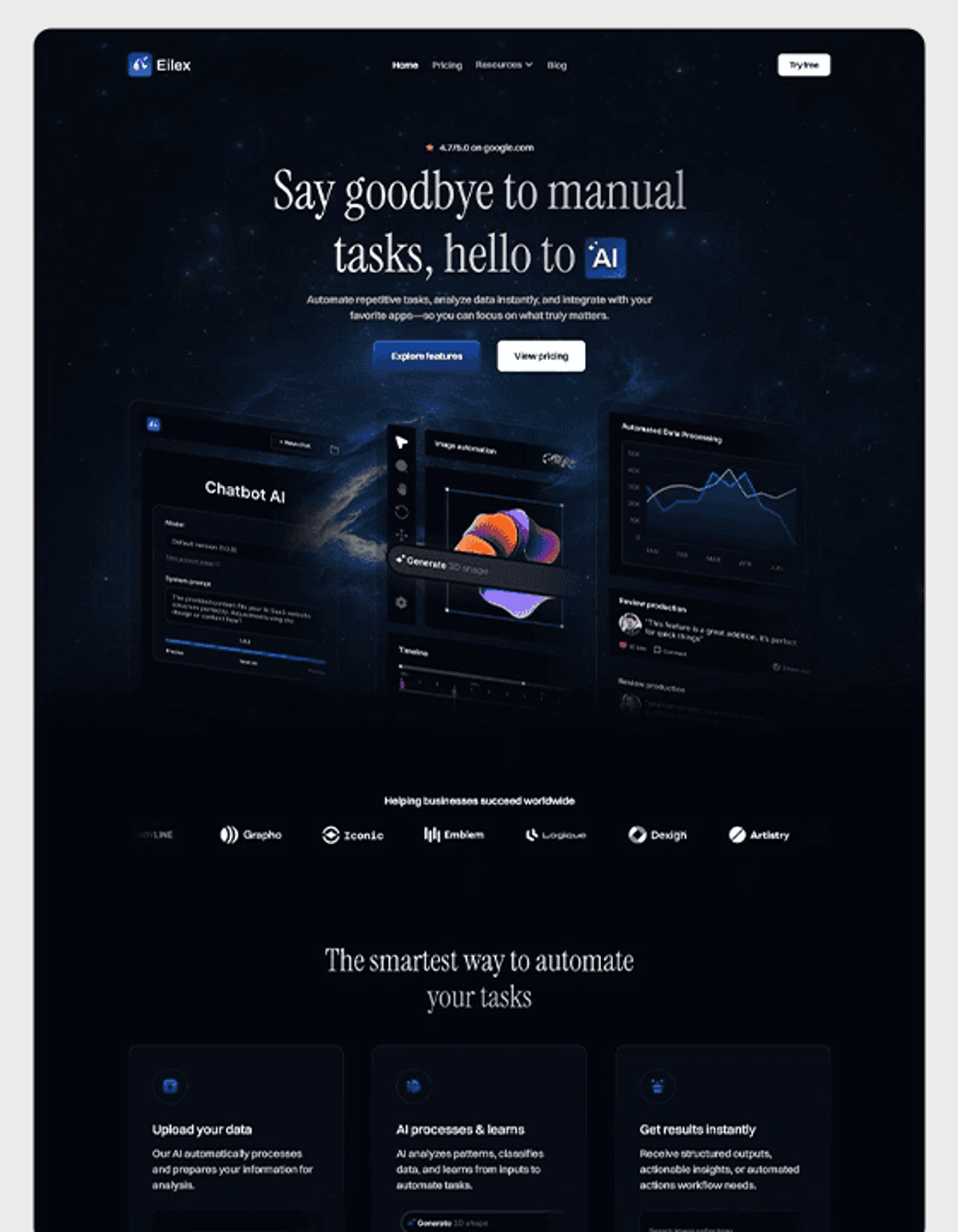 Eilex, a dark Webflow template for an AI product: Say goodbye to manual tasks, hello to AI