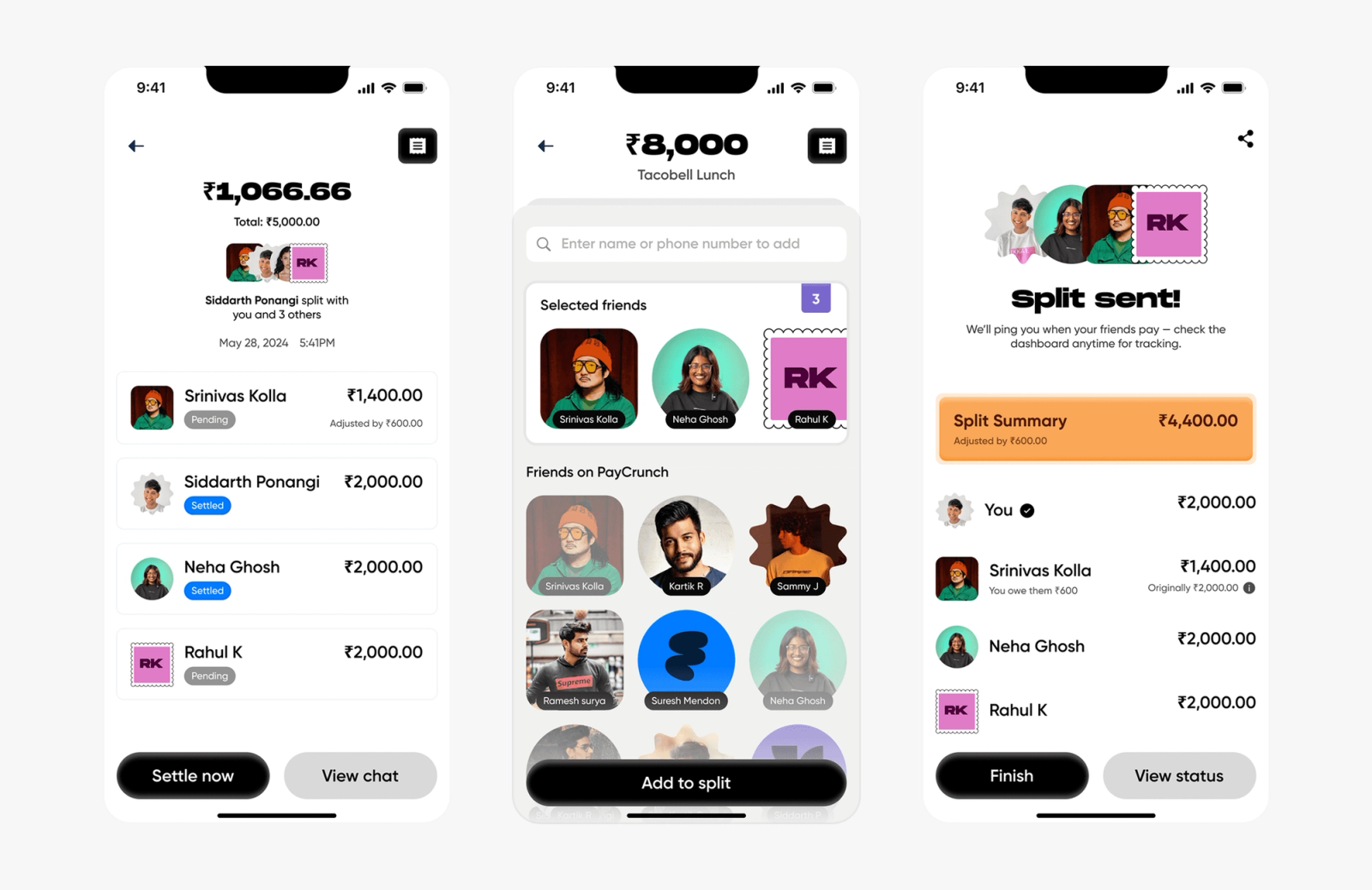 Three screens of a bill-splitting app: the split total, choosing friends, and Split sent