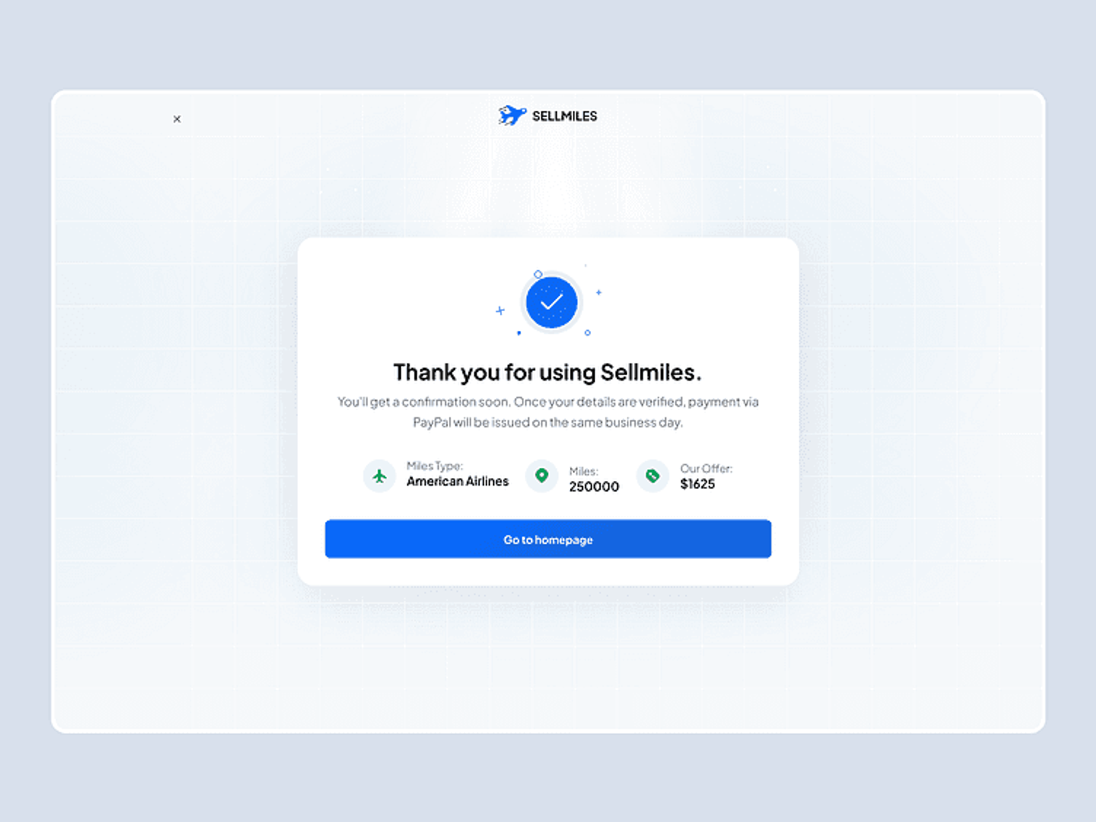 Sellmiles' confirmation screen: Thank you for using Sellmiles, with the miles and offer summarised